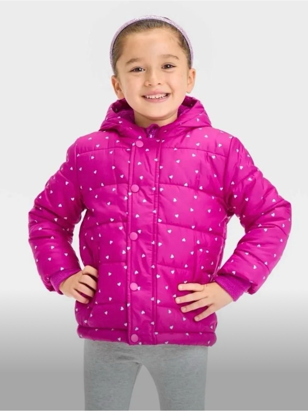 Cat & Jack Bright Magenta Heart-Print Puffer Jacket with Hood